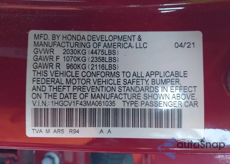 2021 Honda Accord Sport Special Edition из США, поврежденный, VIN 1HGCV1F43MA061035